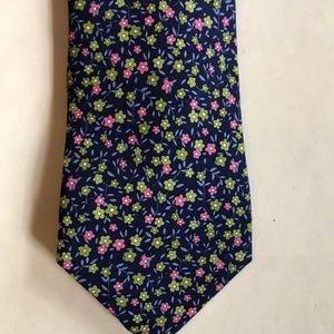 CHAPS 100% Silk Floral Print Tie - Pink and Green Flowers on Blue Background
